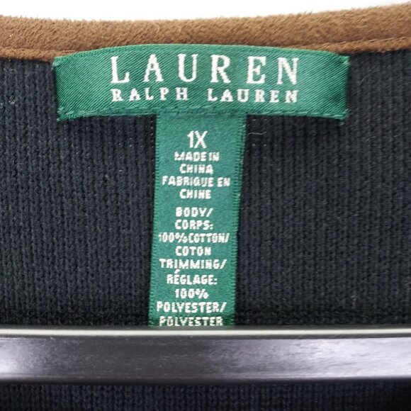 LRL Ralph Lauren Cardigan Women 1X Full Zip Cotton Sweater Black Knit Brown Trim - Picture 7 of 13